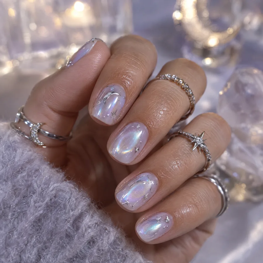 Sfeerbeeld: lila chrome nagels met maantjes en sterren