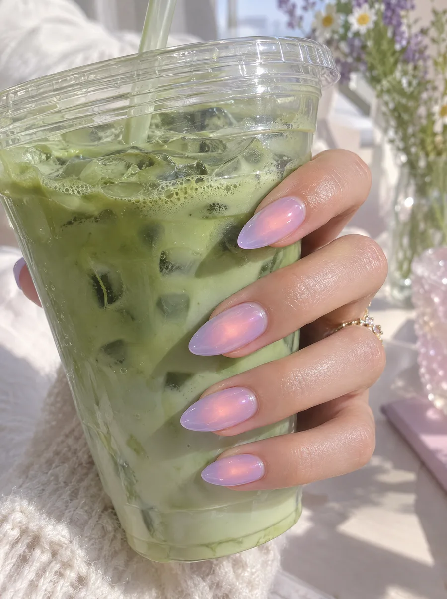 Sfeerbeeld: aura nagels in roze en lila met een matcha